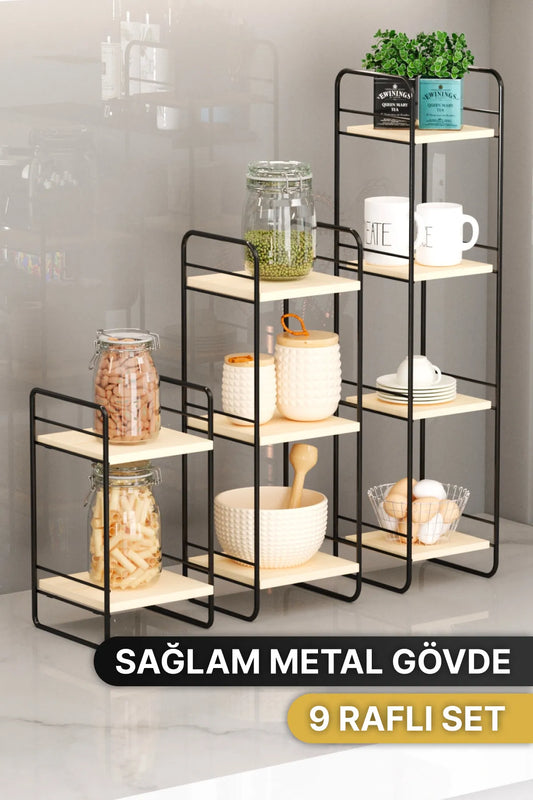 BİNO DOĞAL AHŞAP ÜÇLÜ SET DUVAR RAFI, SİYAH