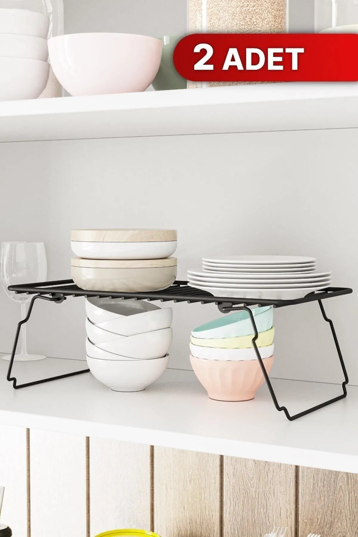 Bino Dolap Içi Düzenleyici 2 Adet Mutfak Rafı Tabak Bardak Rafı Mat Siyah Paslanmaz Metal Organizer