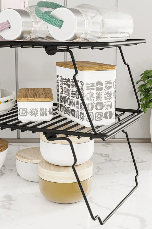 Bino Dolap Içi Düzenleyici 2 Adet Mutfak Rafı Tabak Bardak Rafı Mat Siyah Paslanmaz Metal Organizer