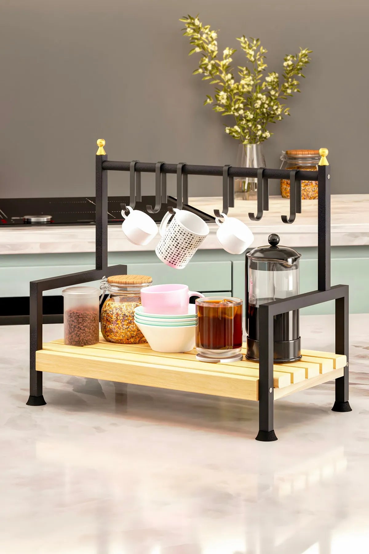 Bino Masaüstü Mutfak Rafı Düzenleyici Kahve Fincanı Kupa Bardak Askısı 6 Kancalı Ahşap Raf Organizer
