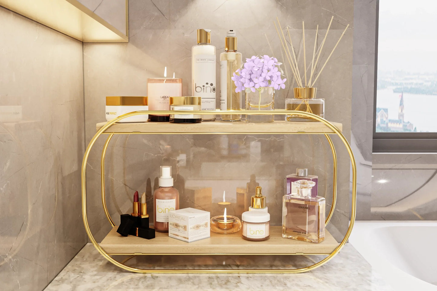 Bino Çok Amaçlı Masaüstü Banyo Ve Takı Organizeri, Ahşap Gold