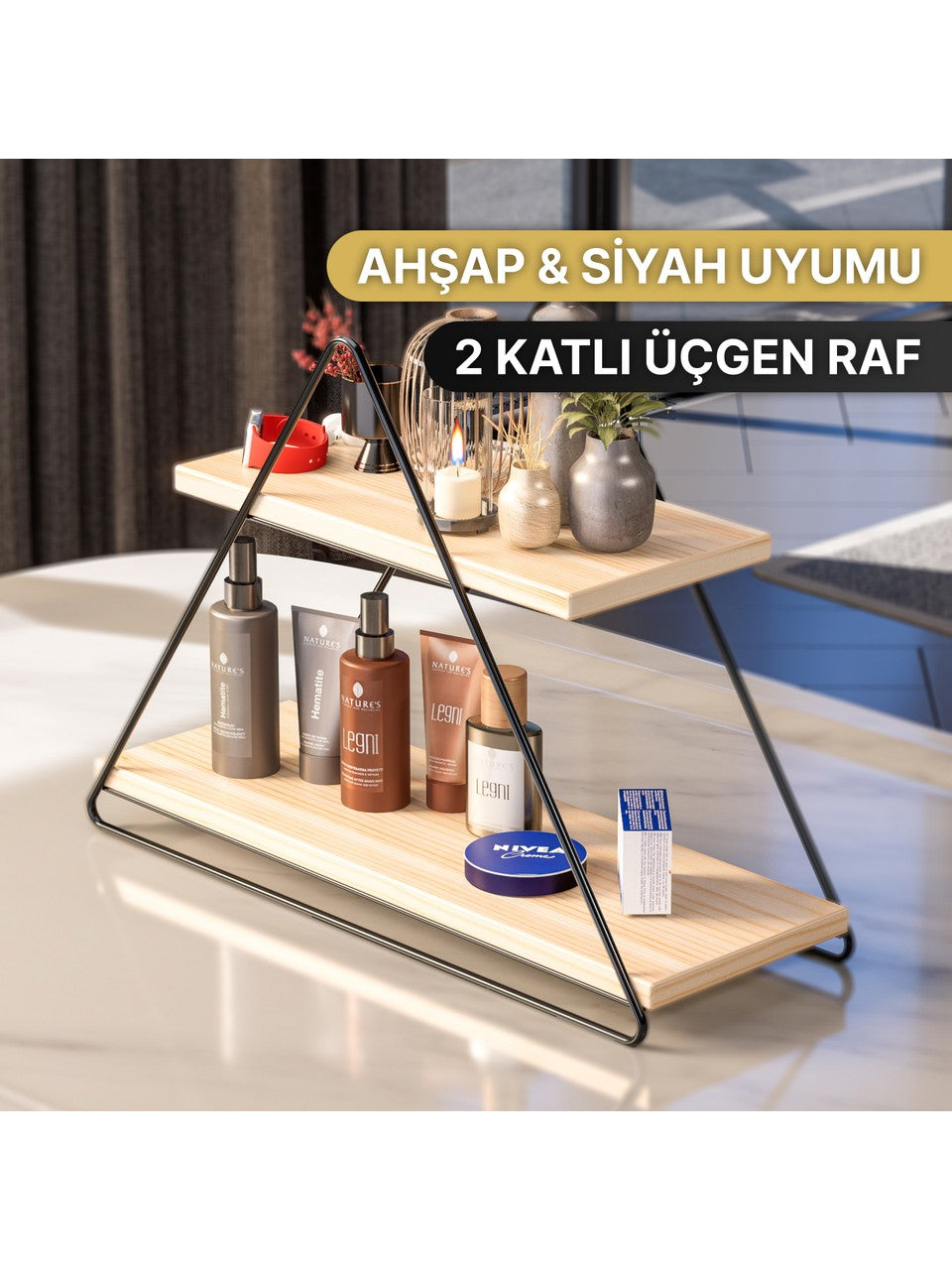 Bino Üçgen Masa Servis Rafı Dekoratif Mutfak Banyo Düzenleyici Siyah