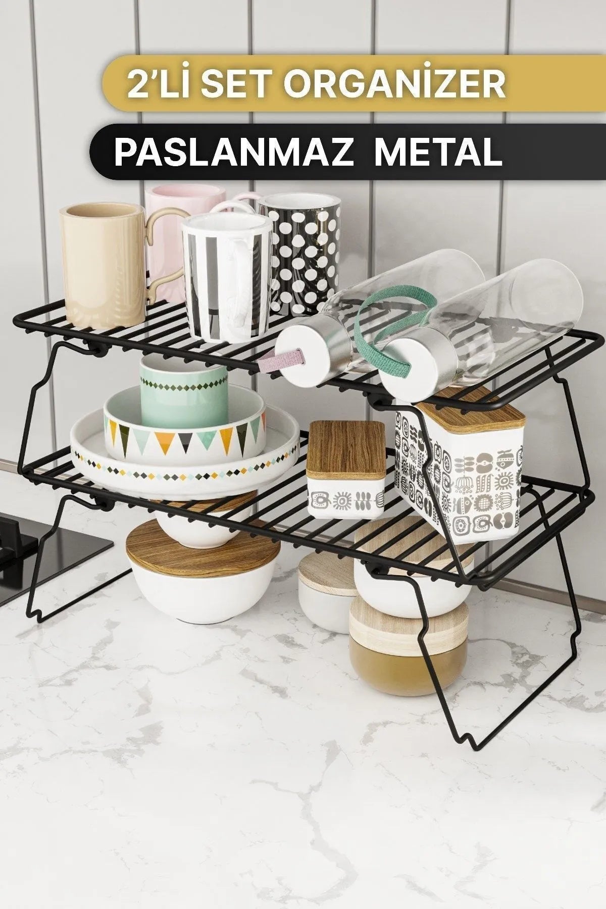 Bino Dolap Içi Düzenleyici 2 Adet Mutfak Rafı Tabak Bardak Rafı Mat Siyah Paslanmaz Metal Organizer
