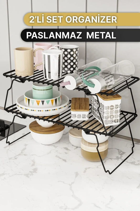 Bino Dolap Içi Düzenleyici 2 Adet Mutfak Rafı Tabak Bardak Rafı Mat Siyah Paslanmaz Metal Organizer