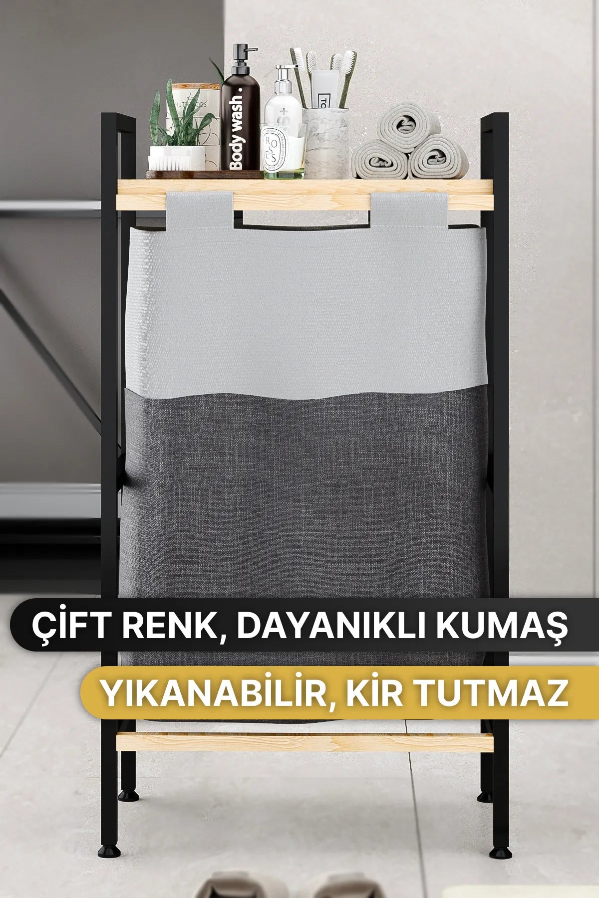 Bino Banyo Düzenleyici Çamaşır Sepeti Ahşap Raflı Kirli Sepeti Keten Kumaşlı Organizer