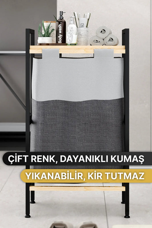 Bino Banyo Düzenleyici Çamaşır Sepeti Ahşap Raflı Kirli Sepeti Keten Kumaşlı Organizer