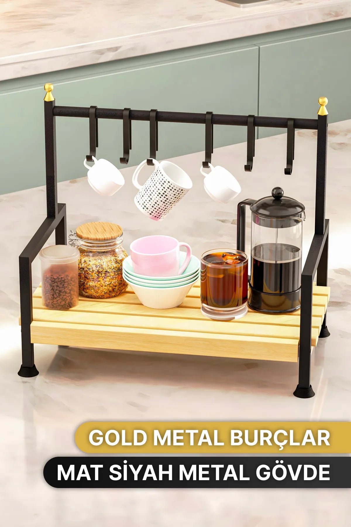 Bino Masaüstü Mutfak Rafı Düzenleyici Kahve Fincanı Kupa Bardak Askısı 6 Kancalı Ahşap Raf Organizer