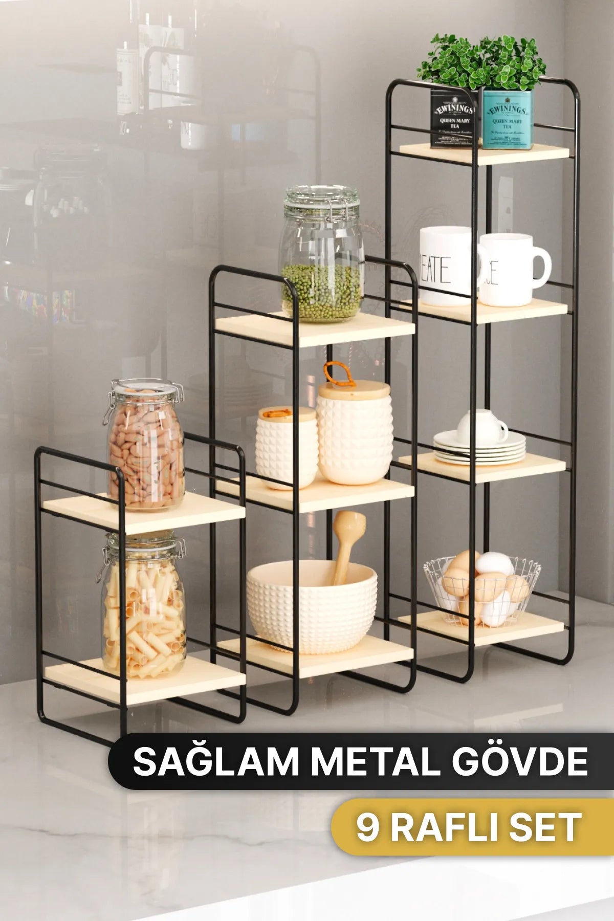 BİNO DOĞAL AHŞAP ÜÇLÜ SET DUVAR RAFI, SİYAH