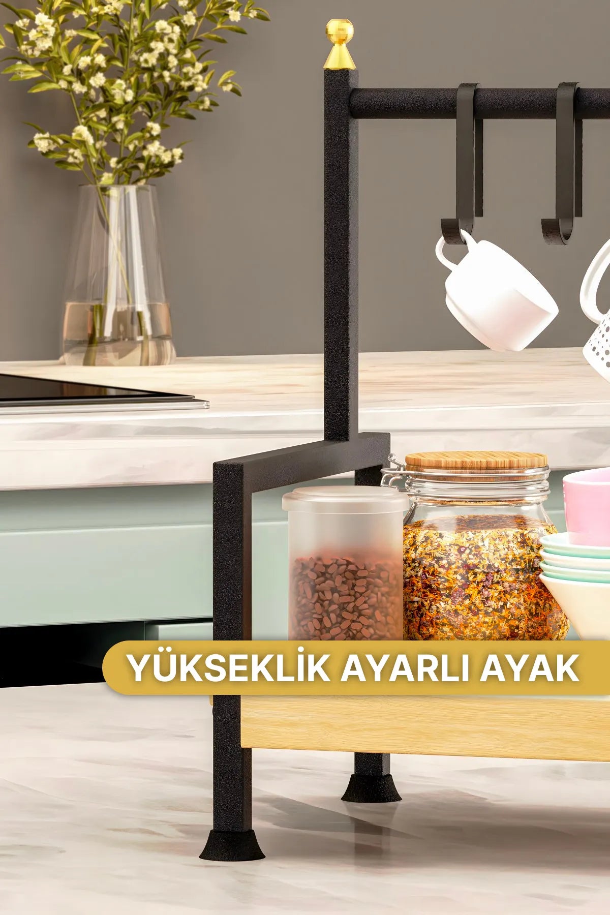 Bino Masaüstü Mutfak Rafı Düzenleyici Kahve Fincanı Kupa Bardak Askısı 6 Kancalı Ahşap Raf Organizer