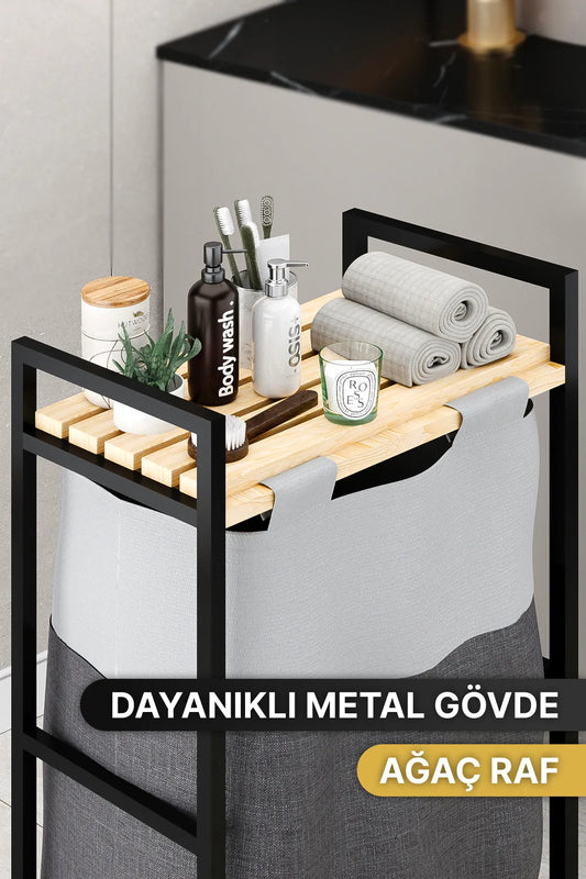 Bino Banyo Düzenleyici Çamaşır Sepeti Ahşap Raflı Kirli Sepeti Keten Kumaşlı Organizer