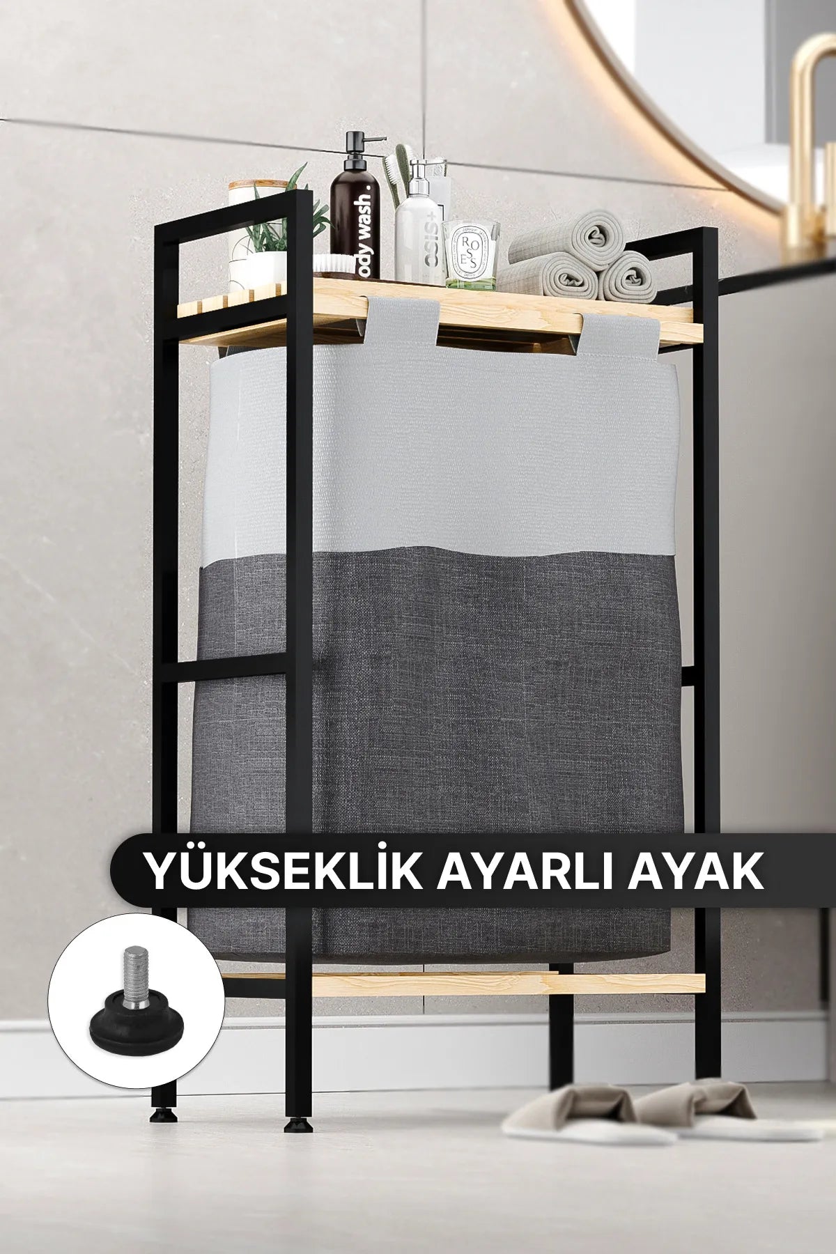 Bino Banyo Düzenleyici Çamaşır Sepeti Ahşap Raflı Kirli Sepeti Keten Kumaşlı Organizer