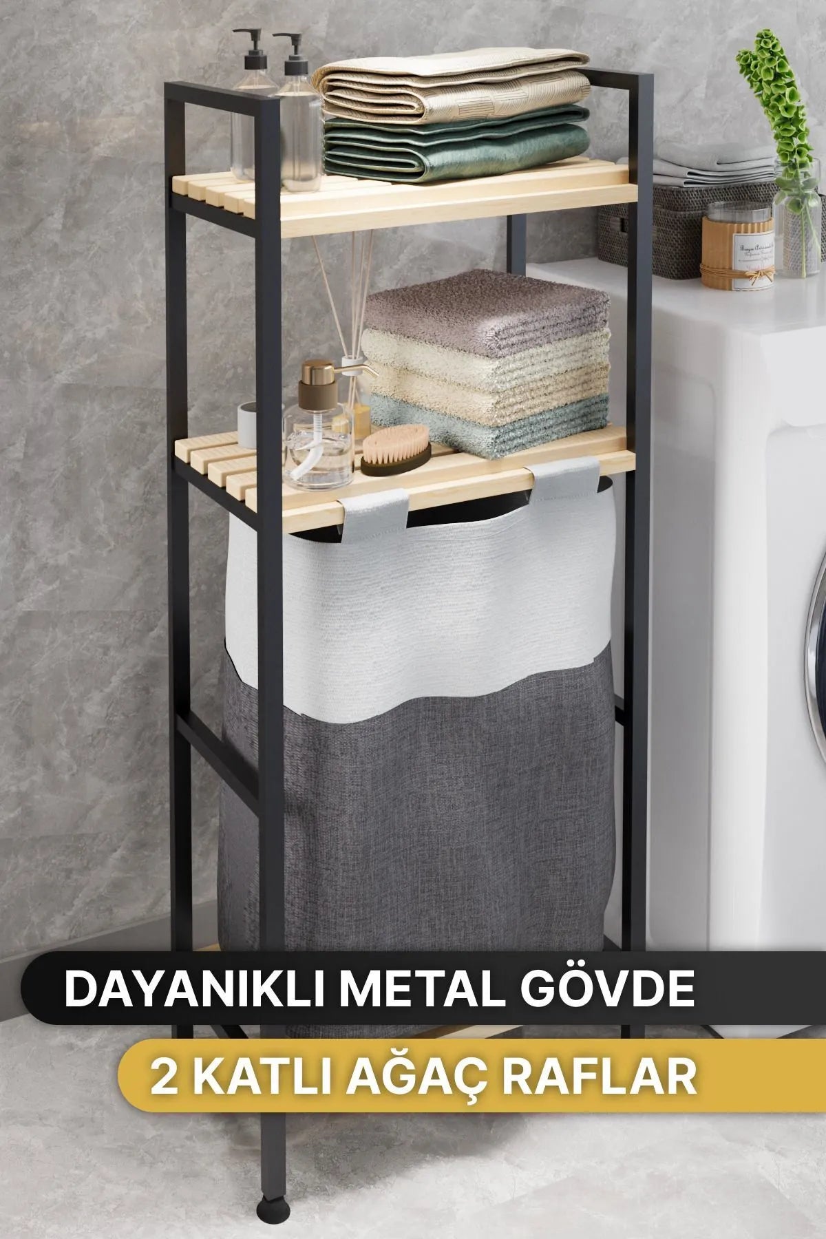 Bino Çamaşır Sepeti Ahşap Raflı Kirli Sepeti 2 Katlı Büyük Boy Kapaklı Çok Amaçlı Banyo Düzenleyici