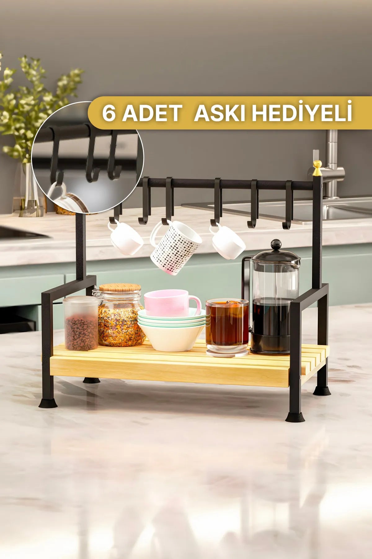 Bino Masaüstü Mutfak Rafı Düzenleyici Kahve Fincanı Kupa Bardak Askısı 6 Kancalı Ahşap Raf Organizer