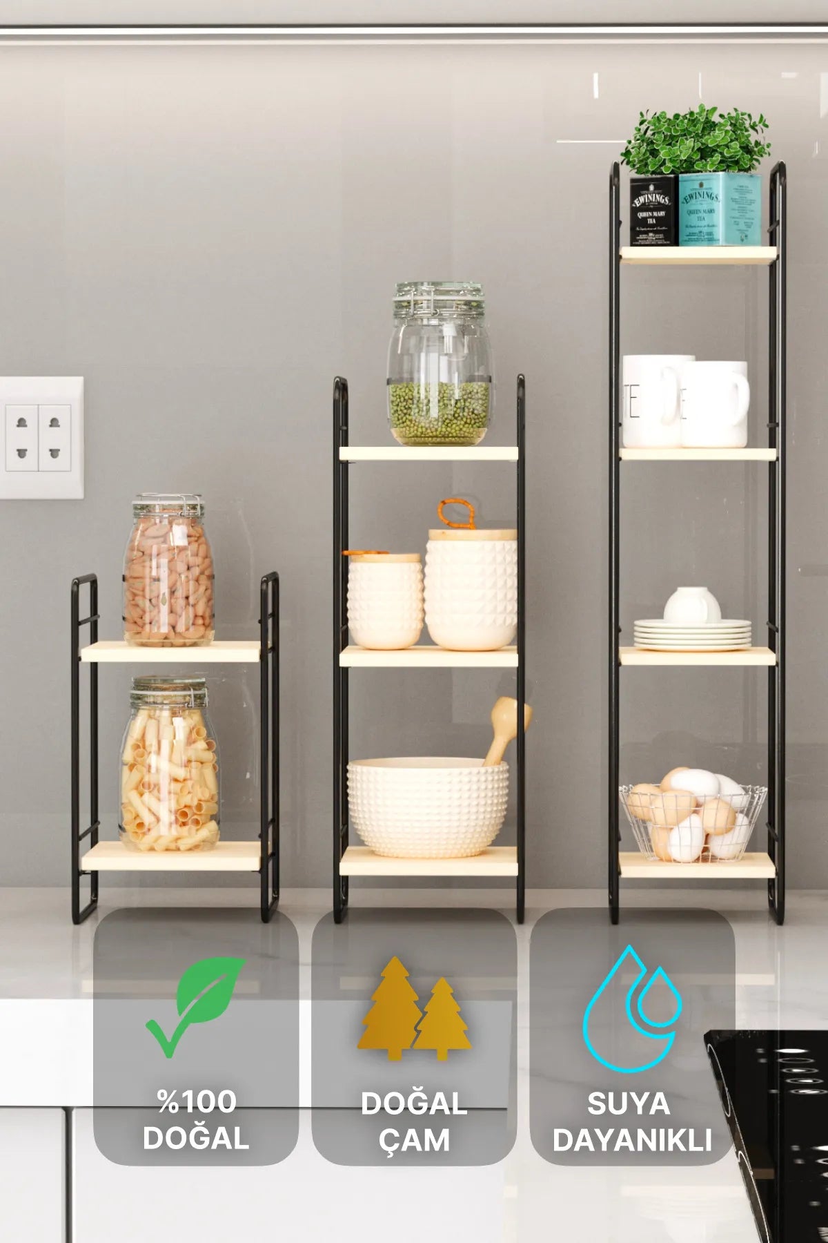 BİNO DOĞAL AHŞAP ÜÇLÜ SET DUVAR RAFI, SİYAH