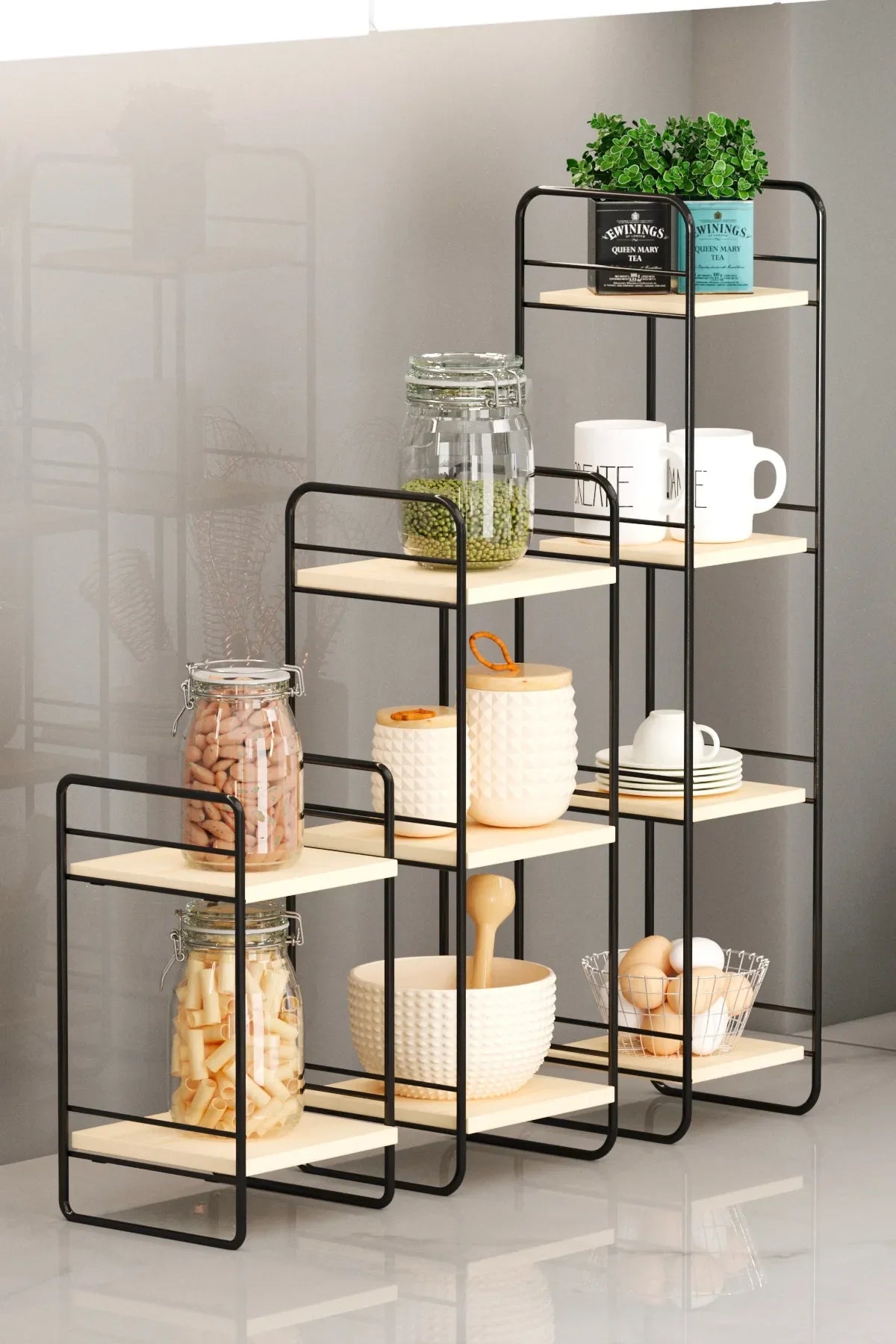 BİNO DOĞAL AHŞAP ÜÇLÜ SET DUVAR RAFI, SİYAH