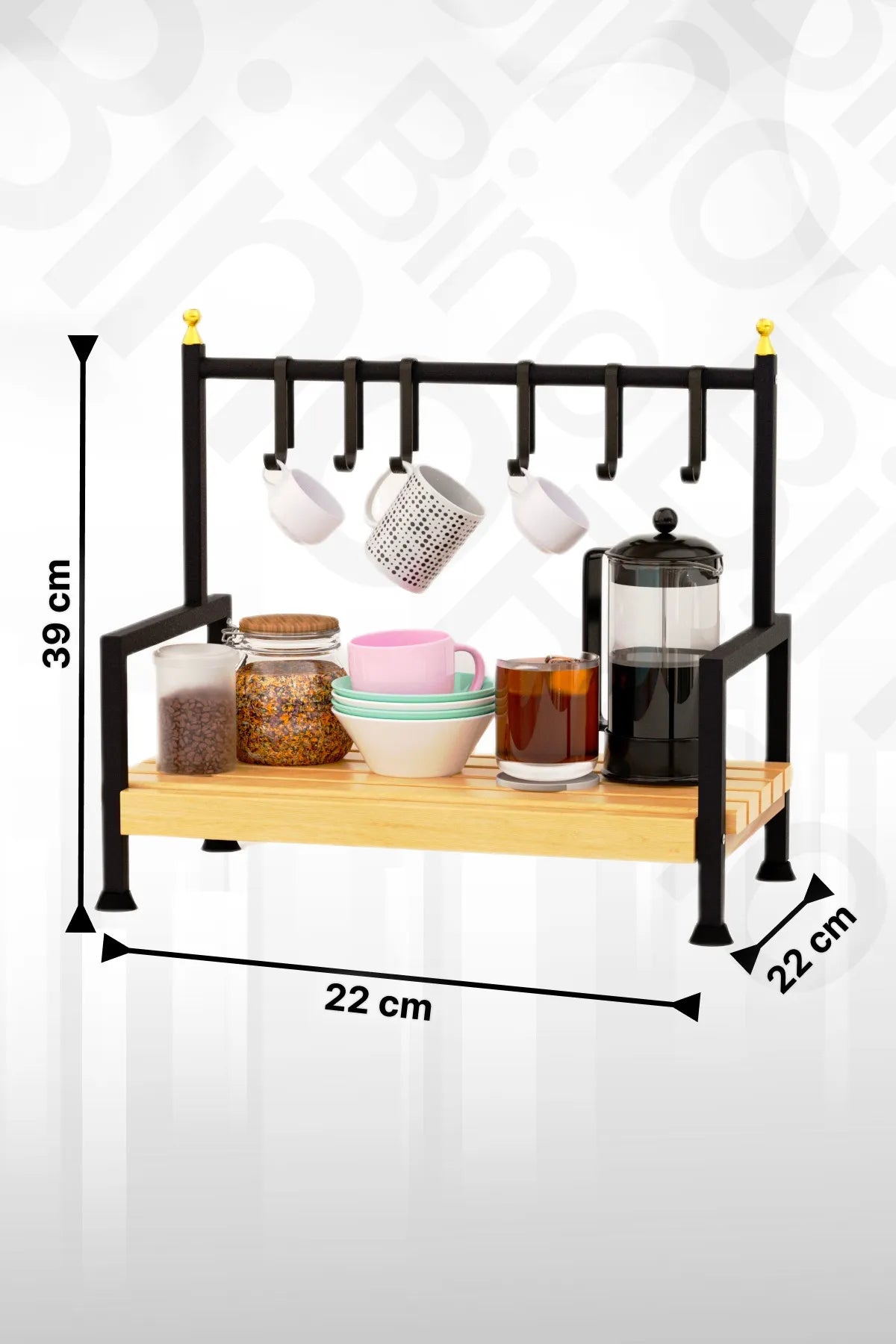 Bino Masaüstü Mutfak Rafı Düzenleyici Kahve Fincanı Kupa Bardak Askısı 6 Kancalı Ahşap Raf Organizer