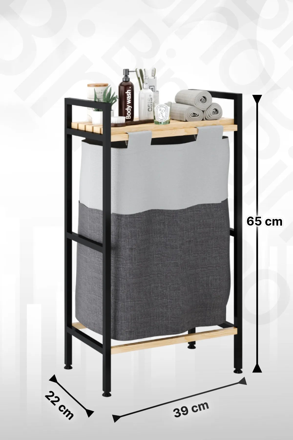 Bino Banyo Düzenleyici Çamaşır Sepeti Ahşap Raflı Kirli Sepeti Keten Kumaşlı Organizer