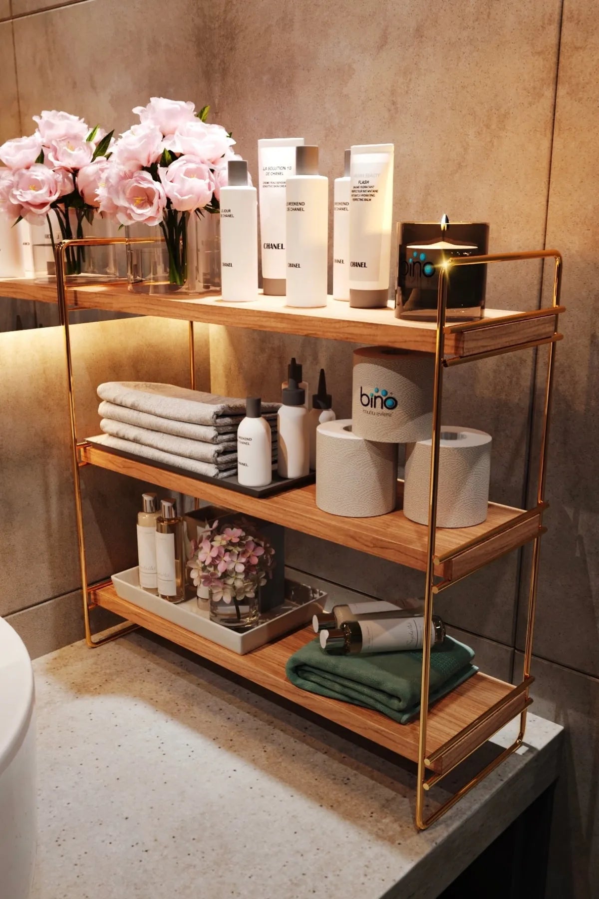 Bino Masa Üstü Düzenleyici Organizer Mutfak-Banyo Rafı Kitaplık Gold