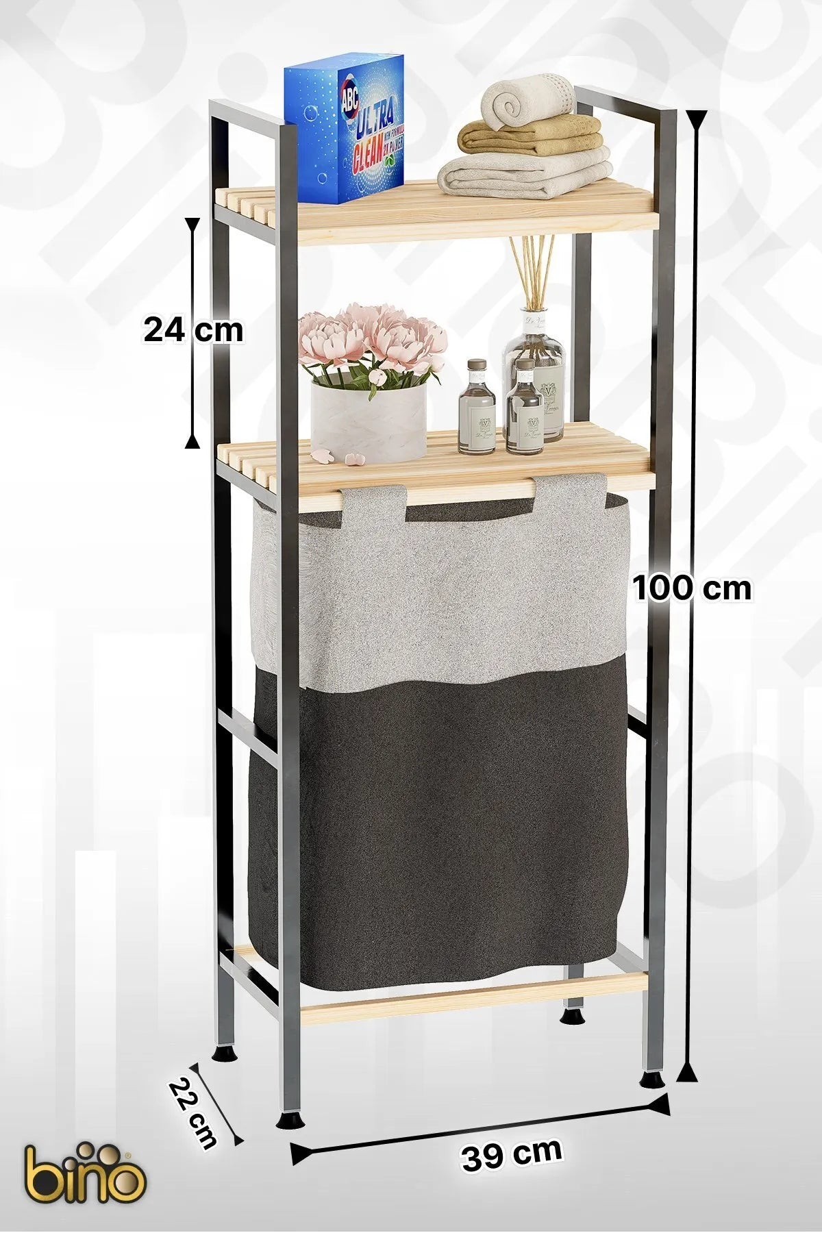 Bino Çamaşır Sepeti Ahşap Raflı Kirli Sepeti 2 Katlı Büyük Boy Kapaklı Çok Amaçlı Banyo Düzenleyici