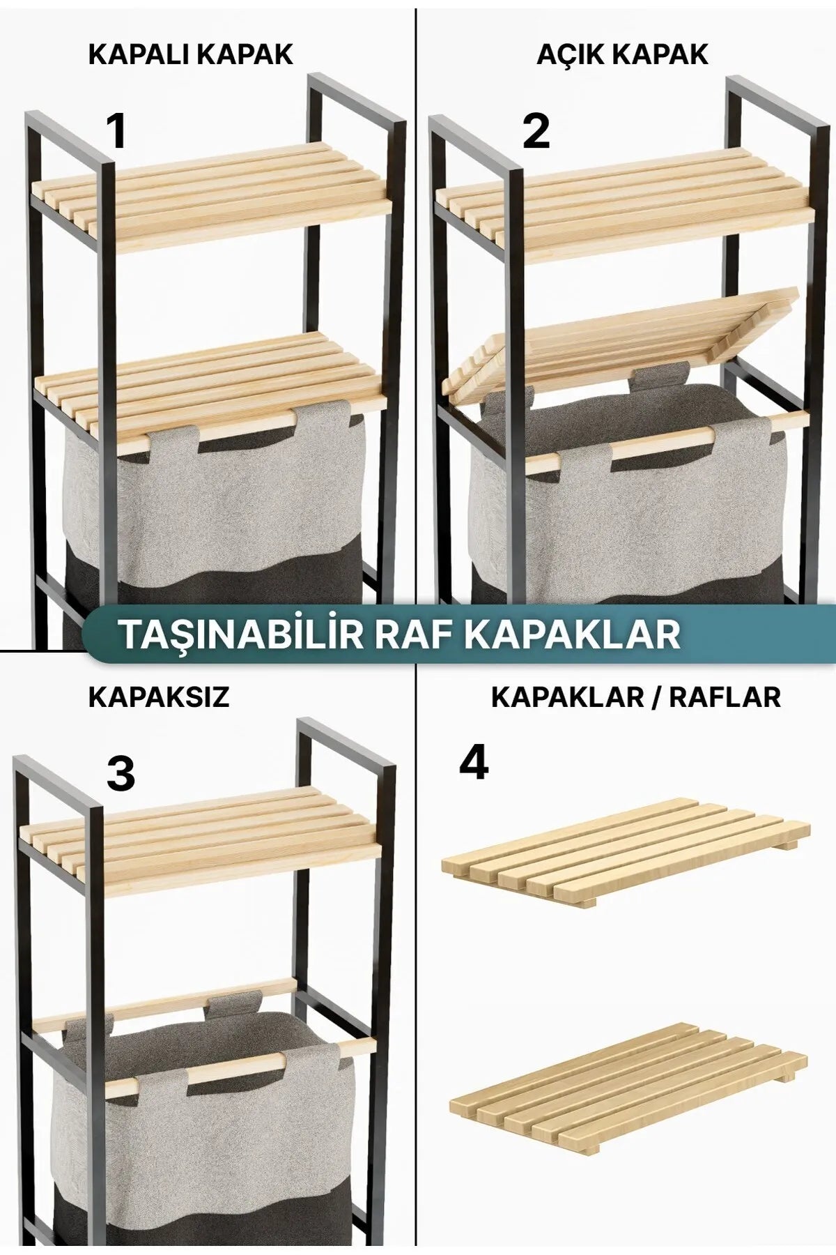 Bino Çamaşır Sepeti Ahşap Raflı Kirli Sepeti 2 Katlı Büyük Boy Kapaklı Çok Amaçlı Banyo Düzenleyici