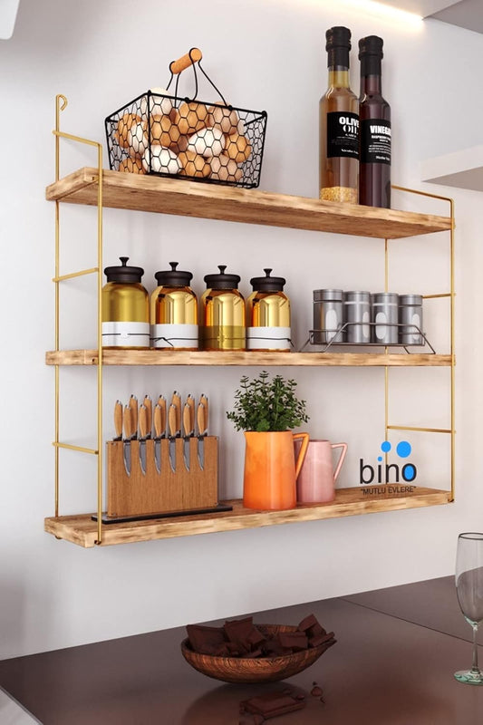 Bino Demonte 3'lü Duvar Rafı Dekoratif Mutfak Banyo Rafı Kitaplık