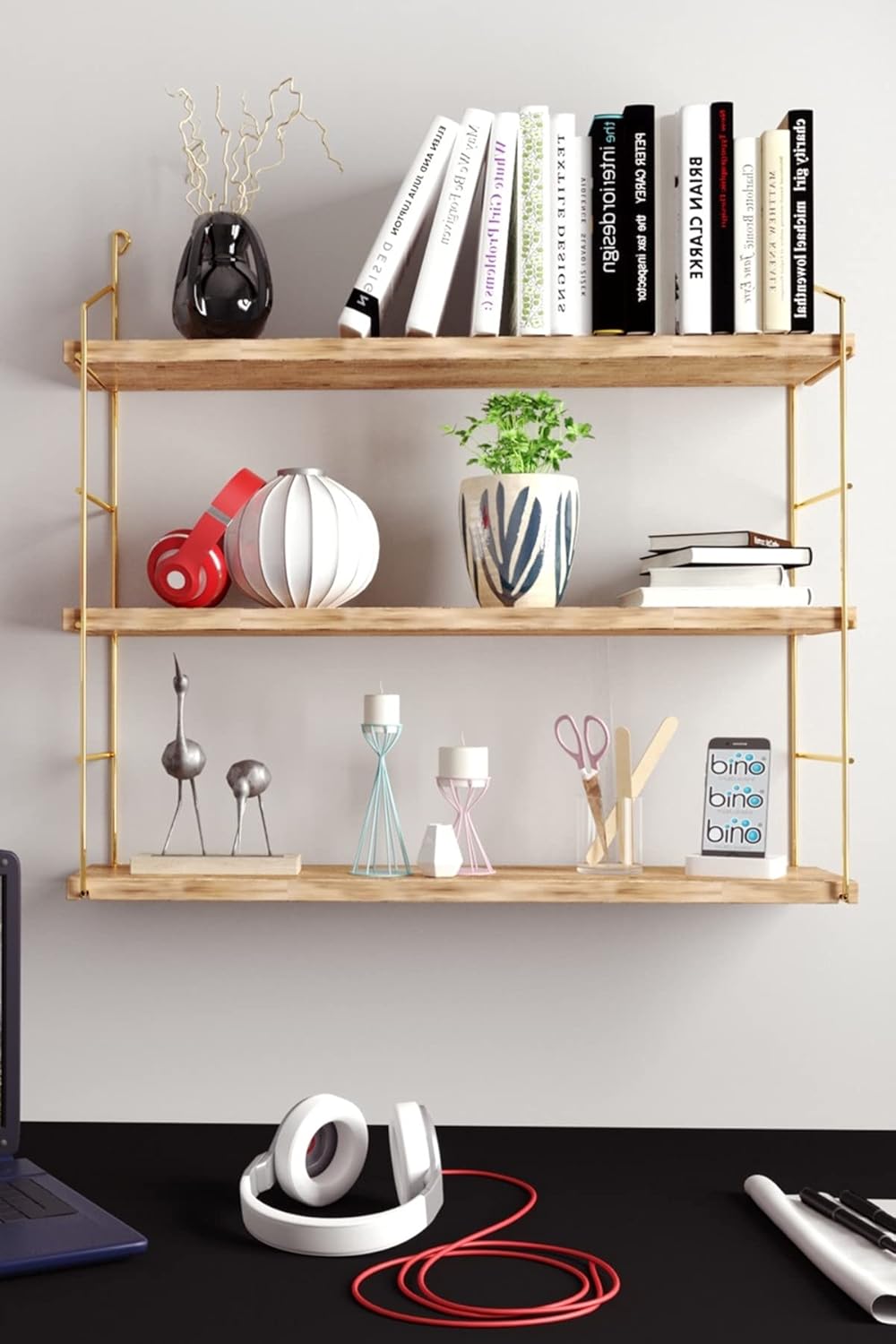 Bino Demonte 3'lü Duvar Rafı Dekoratif Mutfak Banyo Rafı Kitaplık
