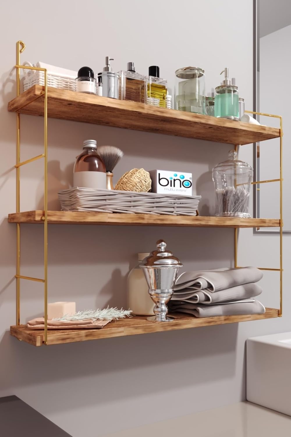Bino Demonte 3'lü Duvar Rafı Dekoratif Mutfak Banyo Rafı Kitaplık