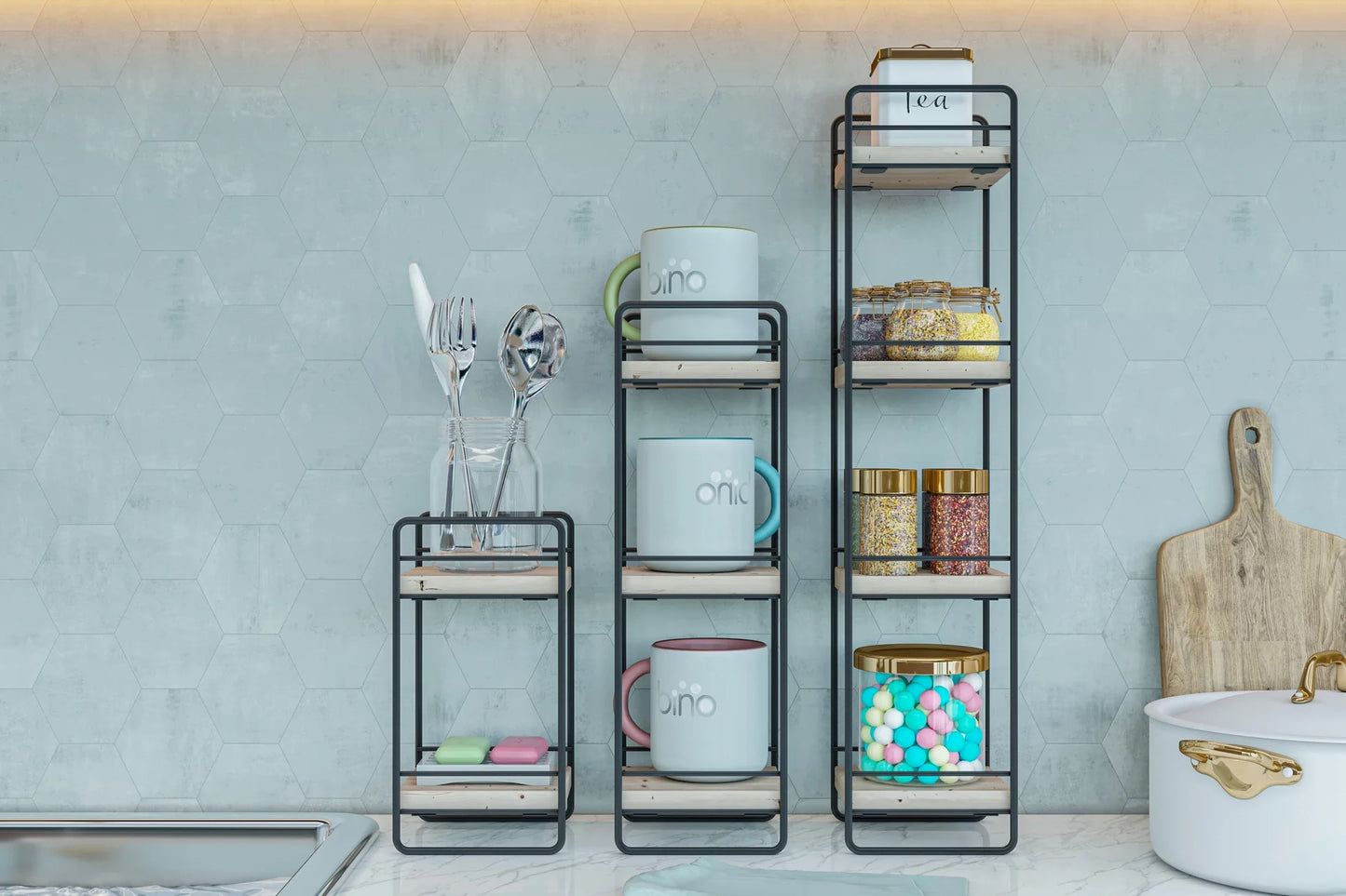 BİNO DOĞAL AHŞAP ÜÇLÜ SET DUVAR RAFI, SİYAH