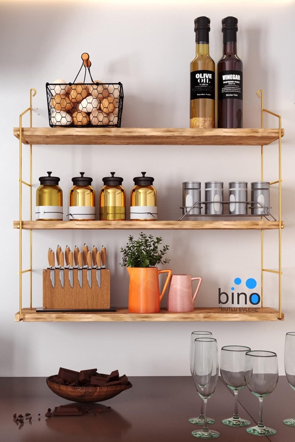 Bino Demonte 3'lü Duvar Rafı Dekoratif Mutfak Banyo Rafı Kitaplık