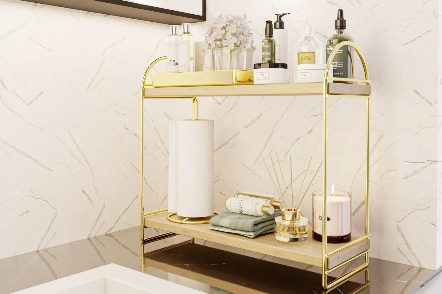 BİNO MUTFAK BANYO DÜZENLEYİCİ RAF, 2 KATLI, GOLD