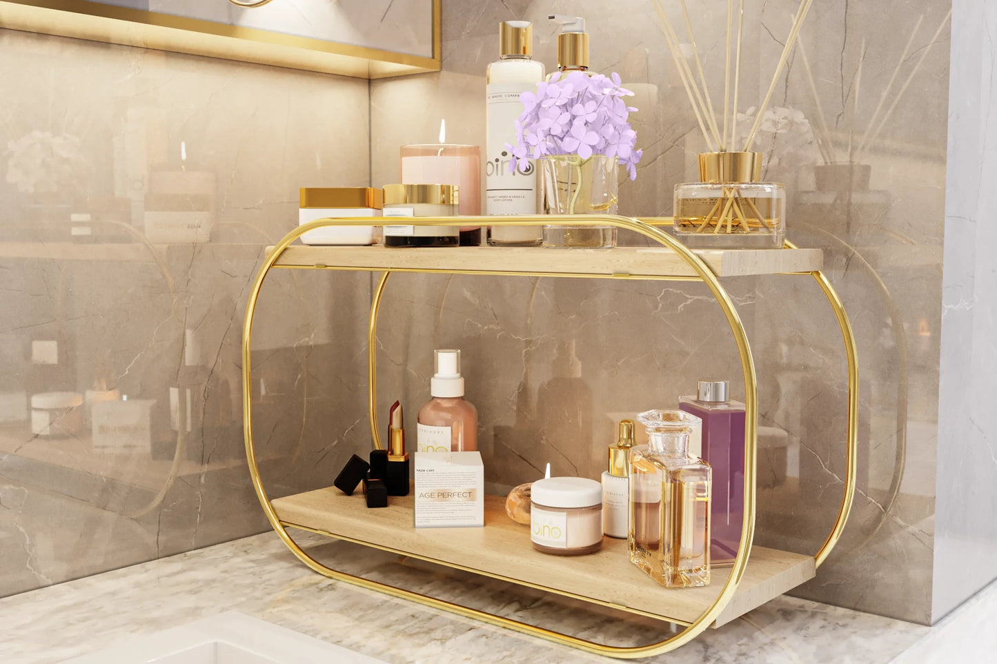 Bino Çok Amaçlı Masaüstü Banyo Ve Takı Organizeri, Ahşap Gold